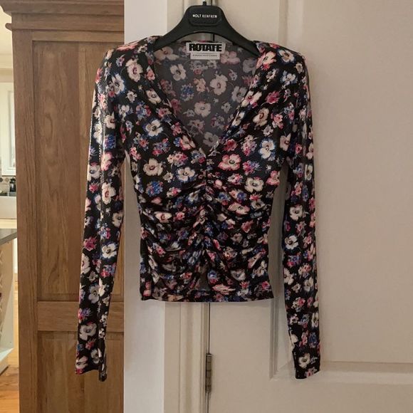 ROTATE Birger Sierra floral ruched long sleeve top black multi nwot - Picture 9 of 14